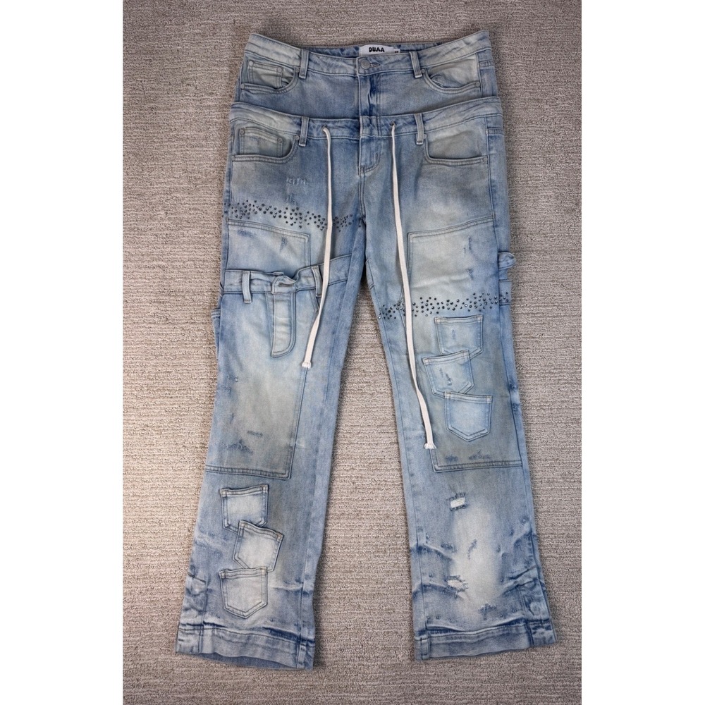 DUAA Double Waist Studded Distressed Patchwork Jeans Light Wash Mens 36